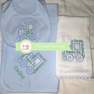 Boy Applique Train Gown, Blanket, Bib, Bodysuit, Knit Hat, Burp Pad, Baby Shower Gift, Personalized,Monogram,Bible Verse, Coming Home Outfit image 6