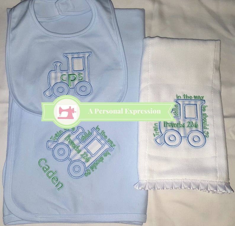 Boy Applique Train Gown, Blanket, Bib, Bodysuit, Knit Hat, Burp Pad, Baby Shower Gift, Personalized,Monogram,Bible Verse, Coming Home Outfit image 6