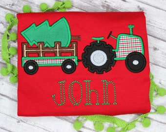 Boys Christmas Shirt, Christmas Tractor Shirt Boys, Gingham Tractor Romper, Personalized Farm Top, Custom Holiday Shirt, Embroidered Boy Top