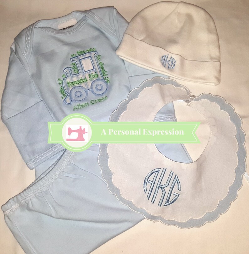 Boy Applique Train Gown, Blanket, Bib, Bodysuit, Knit Hat, Burp Pad, Baby Shower Gift, Personalized,Monogram,Bible Verse, Coming Home Outfit image 4