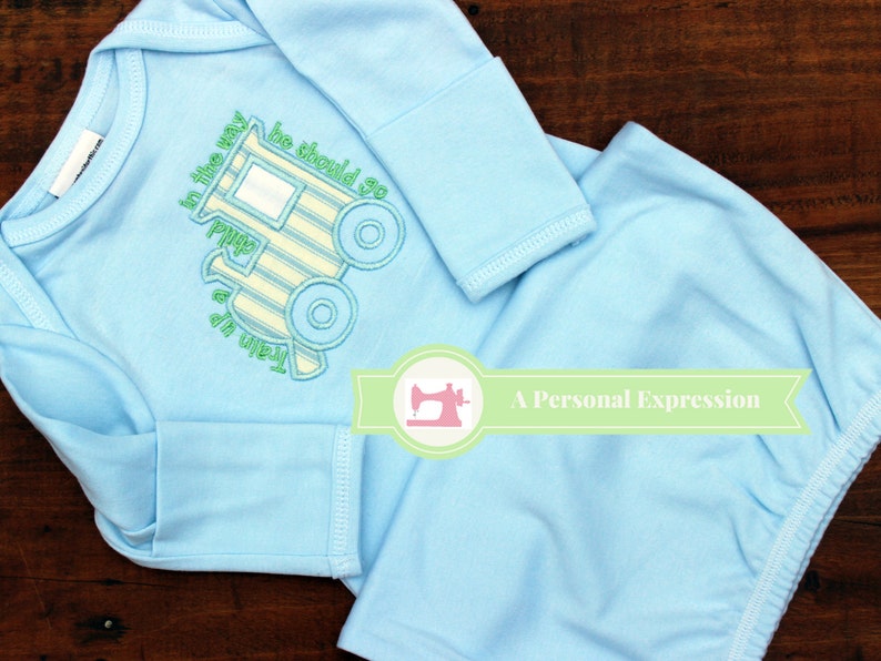 Boy Applique Train Gown, Blanket, Bib, Bodysuit, Knit Hat, Burp Pad, Baby Shower Gift, Personalized,Monogram,Bible Verse, Coming Home Outfit image 1