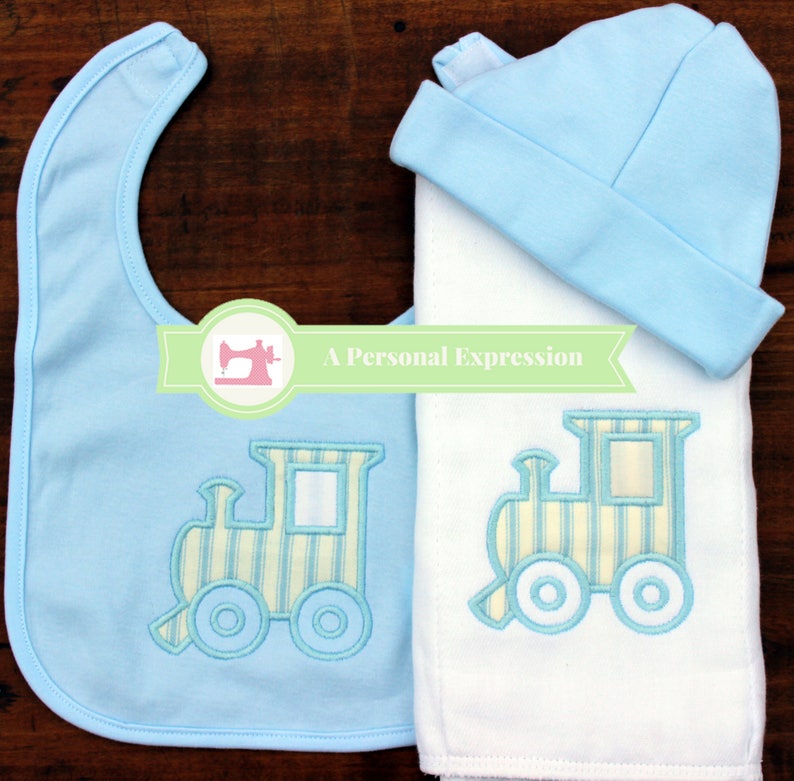 Boy Applique Train Gown, Blanket, Bib, Bodysuit, Knit Hat, Burp Pad, Baby Shower Gift, Personalized,Monogram,Bible Verse, Coming Home Outfit image 2