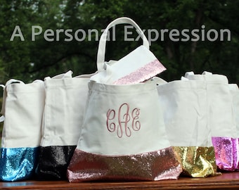 Monogrammed Glitter Tote Bag & Cosmetic Bag, Embroidered, Bridesmaid, Graduation, Teacher Gift, Mother's Day, Personalized, Beach, Summer