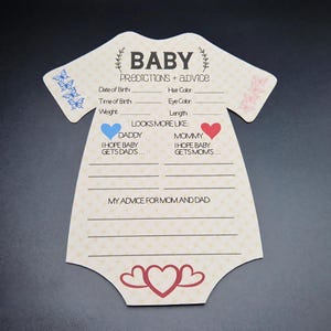 Schede di previsioni e consigli per il baby shower – Ricordo a forma di tutina per gli ospiti del baby shower / Genere neutro / Attività divertente per il baby shower