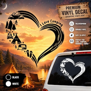May include: Black and white vinyl decal in the shape of a heart with the words "I Love Camping". The heart design includes mountains, trees, a tent, a camper, and flip-flops. The decal is weatherproof and durable.