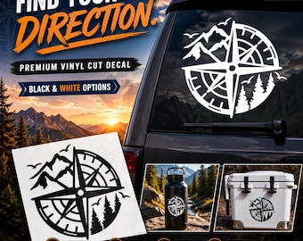 Puede incluir: Calcomanía de vinilo en blanco y negro con un diseño de rosa de los vientos con montañas, árboles y pájaros. El texto "FIND YOUR DIRECTION" está en naranja. La calcomanía es resistente a la intemperie, fácil de aplicar y duradera.