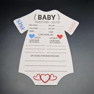 Schede di previsioni e consigli per il baby shower – Ricordo a forma di tutina per gli ospiti del baby shower / Genere neutro / Attività divertente per il baby shower