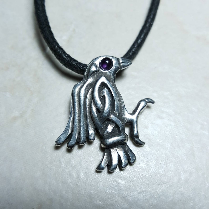 Raven Pendant with Jewel Eye Necklace Jewelry Fine Pewter Asatru Pagan Paganism Odinism Runes Runic Heathen Heathenry