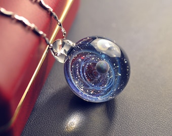Galaxy Pendant Necklace, Twisted Space Glass Pendant，Handmade Glass Universe Pendant 24mm,Unique Birthday Gift glass pendant galaxy space