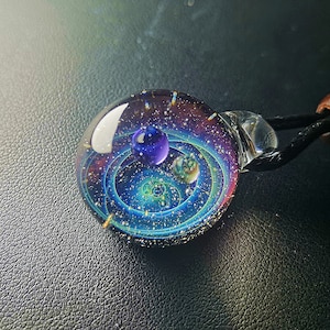 Planet Stars , glass dome,SpaceBlown Glass Universe Pendant 1 Inches, Night Sky Galaxy Necklace, Twisted Space Glass Pendant, Unique Gift