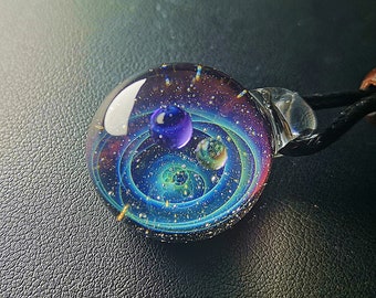 Planet Stars , glass dome,SpaceBlown Glass Universe Pendant 1 Inches, Night Sky Galaxy Necklace, Twisted Space Glass Pendant, Unique Gift