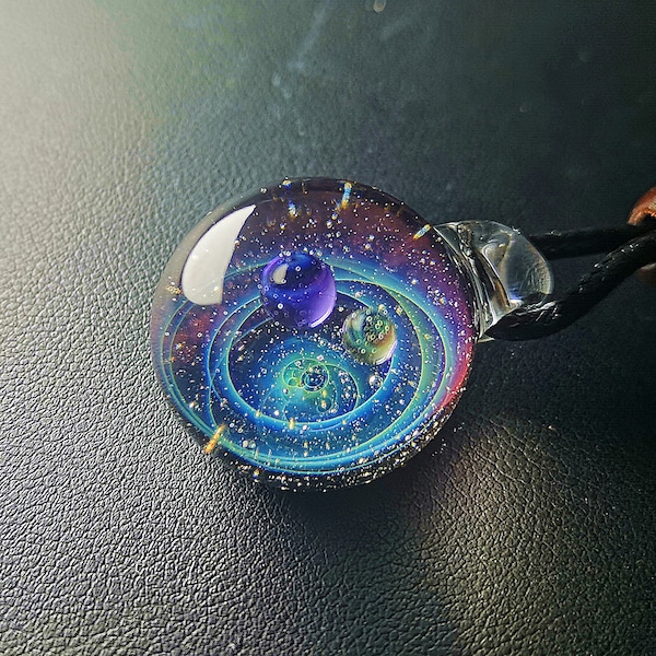 Planet Stars , glass dome,SpaceBlown Glass Universe Pendant 1 Inches, Night Sky Galaxy Necklace, Twisted Space Glass Pendant, Unique Gift