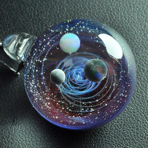 glass pendant space universe galaxy silver & gold fumed glass Gilson opal Planet Stars Night Sky Galaxy Necklace Twisted  Unique Gift