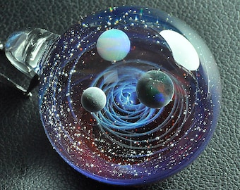 glass pendant space universe galaxy silver & gold fumed glass Gilson opal Planet Stars Night Sky Galaxy Necklace Twisted  Unique Gift