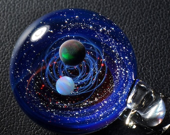 Unique Birthday Gift，Handmade Glass Universe Pendant 24mm, blue Galaxy Pendant Necklace, Twisted Space Glass Pendant