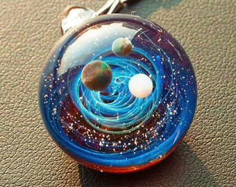 Handmade Glass Universe Pendant 24mm,Unique Birthday Gift， black Galaxy Pendant Necklace, Twisted Space Glass Pendant