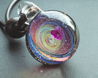 Unique Gift Pendant Glass Galaxy Necklace Space Handmade Blown Ball 24mm 1 inch Universe Jewelry Silver Planet Sky  Borosilicate Nebula Ar