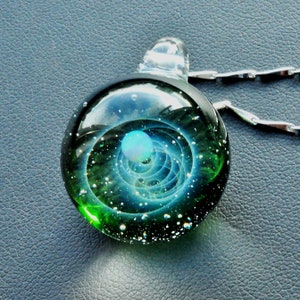 Planet Stars , glass dome,SpaceBlown Glass Universe Pendant 1 Inches, Night Sky Galaxy Necklace, Twisted Space Glass Pendant, Unique Gift
