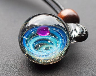 Unique Birthday Gift，Handmade Glass Universe Pendant 24mm, blue Galaxy Pendant Necklace, Twisted Space Glass Pendant