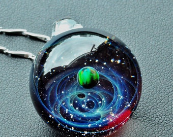 Planet Stars , glass dome,SpaceBlown Glass Universe Pendant 1 Inches, Night Sky Galaxy Necklace, Twisted Space Glass Pendant, Unique Gift