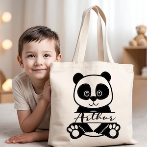 Customizable Panda Tote Bag for Kids | 100% Cotton Fabric Bag | Boy Girl Gift | Nursery School Bag with First Name