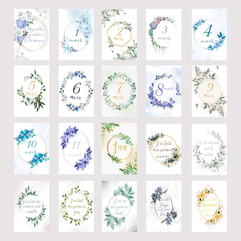 Cartões de marcos do bebê, meu primeiro ano, mês a mês, em papel fotográfico, presente de chá de bebê de nascimento ideal Floral bleu vert