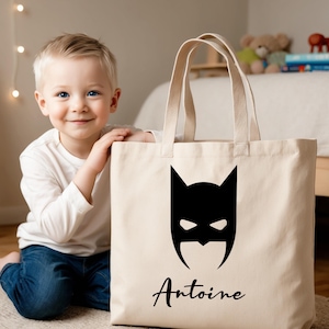 Customizable Tote Bag for Kids with Mask Pattern | 100% Cotton Fabric Bag | Boy Girl Gift | Nursery School Bag with First Name