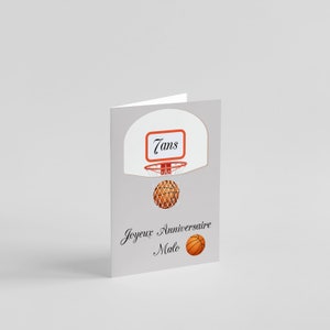 Carte anniversaire fille garçon motif sport basket, foot, tennis, rugby et jeux vidéo à personnaliser prénom et âge Basket1