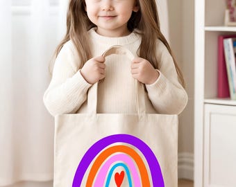 Children's fabric bag Customizable tote bag with first name - Girls' tote bag - Ideal for school, leisure, toys - rainbow pattern