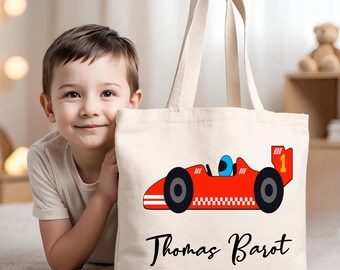 Customizable Children's Racing Car Tote Bag | 100% Cotton Fabric Bag | Boy Gift | Nursery School Bag with First Name