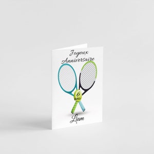 Carte anniversaire fille garçon motif sport basket, foot, tennis, rugby et jeux vidéo à personnaliser prénom et âge Tennis1
