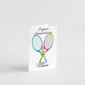Carte anniversaire fille garçon motif sport basket, foot, tennis, rugby et jeux vidéo à personnaliser prénom et âge Tennis3