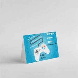 Carte anniversaire fille garçon motif sport basket, foot, tennis, rugby et jeux vidéo à personnaliser prénom et âge Jeux vidéo1
