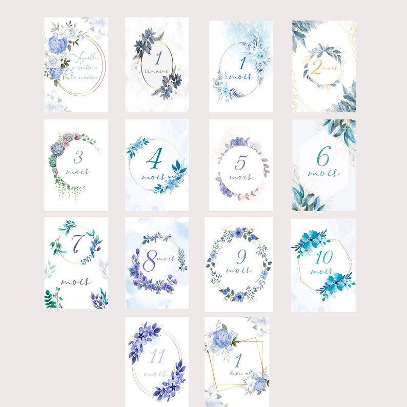 Cartões de marcos do bebê, meu primeiro ano, mês a mês, em papel fotográfico, presente de chá de bebê de nascimento ideal Floral bleu