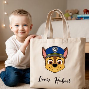Customizable Tote Bag for Children with Chase Pattern | 100% Cotton Fabric Bag | Gift for Boys and Girls | Nursery School Bag with First Name