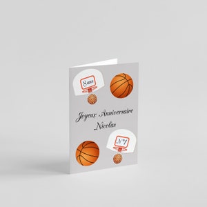 Carte anniversaire fille garçon motif sport basket, foot, tennis, rugby et jeux vidéo à personnaliser prénom et âge Basket2
