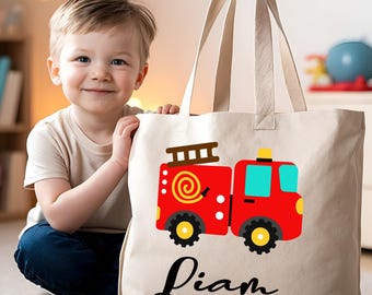 100% cotton fabric bag - Children's fire truck tote bag - Large personalized tote bag with first name - Ideal for school, toys, leisure