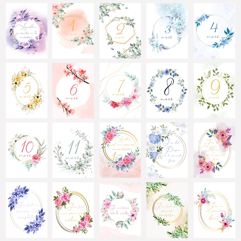 Cartões de marcos do bebê, meu primeiro ano, mês a mês, em papel fotográfico, presente de chá de bebê de nascimento ideal Floral couleurs