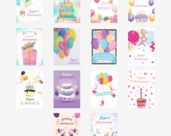 Lot de 14 cartes anniversaire en français avec enveloppes pour souhaiter un joyeux anniversaire motif ballon