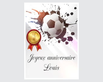 Girl boy birthday card with basketball, football, tennis, rugby and video games sports pattern to personalize first name and age