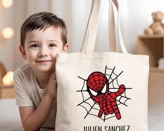 Spiderman Customizable Tote Bag for Kids | 100% Cotton Fabric Bag | Boy Girl Gift | Nursery School Bag with First Name