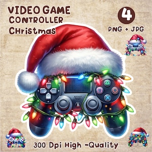 May include: A digital illustration of a video game controller with a Santa hat and Christmas lights. The controller is black with colorful buttons and is decorated with red, green, and yellow lights. Text reads "VIDEO GAME CONTROLLER Christmas".