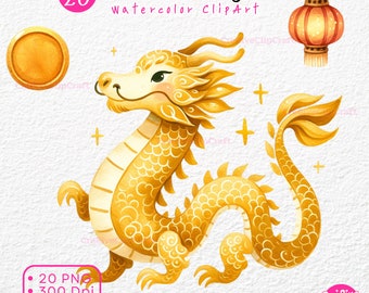 Chinese New Year Clipart Chinese Dragon watercolor dragon PNG Lunar New Year Year of Dragon CNY  Baby Dragon Digital Download PNG Clip Art