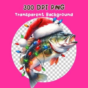 May include: A largemouth bass wearing a Santa hat and decorated with colorful Christmas lights. The fish is jumping out of the water with its mouth open.