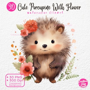 Porcupine PNG watercolor, Porcupine Clip Art, Porcupine with flowers, Baby Porcupine, Birthday, Nursery, Baby Shower, Instant Download