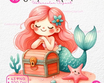 Linda sirena clipart Coral Pastel sirena acuarela sirena clipart lindas sirenitas princesa niña bajo el tema del océano marino