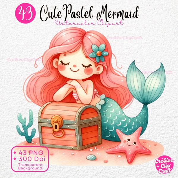 Cute Mermaid clipart Coral Pastel Mermaid Watercolor Mermaid Clipart Cute Little Mermaids Princess Baby girl Under the Sea Ocean Theme