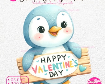 Valentijnsdag clipart, Valentine schattige pinguïn aquarel clipart, schattige pinguïn, blauwe pinguïn, pinguïn aquarel, Valentijnsdag PNG