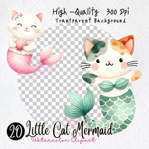 Little Cat Mermaid Watercolor Clipart, Meowmaid Clipart, Mermaid Kitty