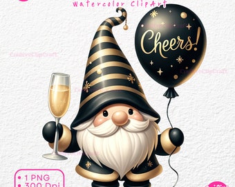 Felice Anno Nuovo Gnomo Festeggia PNG Clipart HNY 2026 Festeggia con Champagne Uso Commerciale Sublimazione Download Digitale Istantaneo